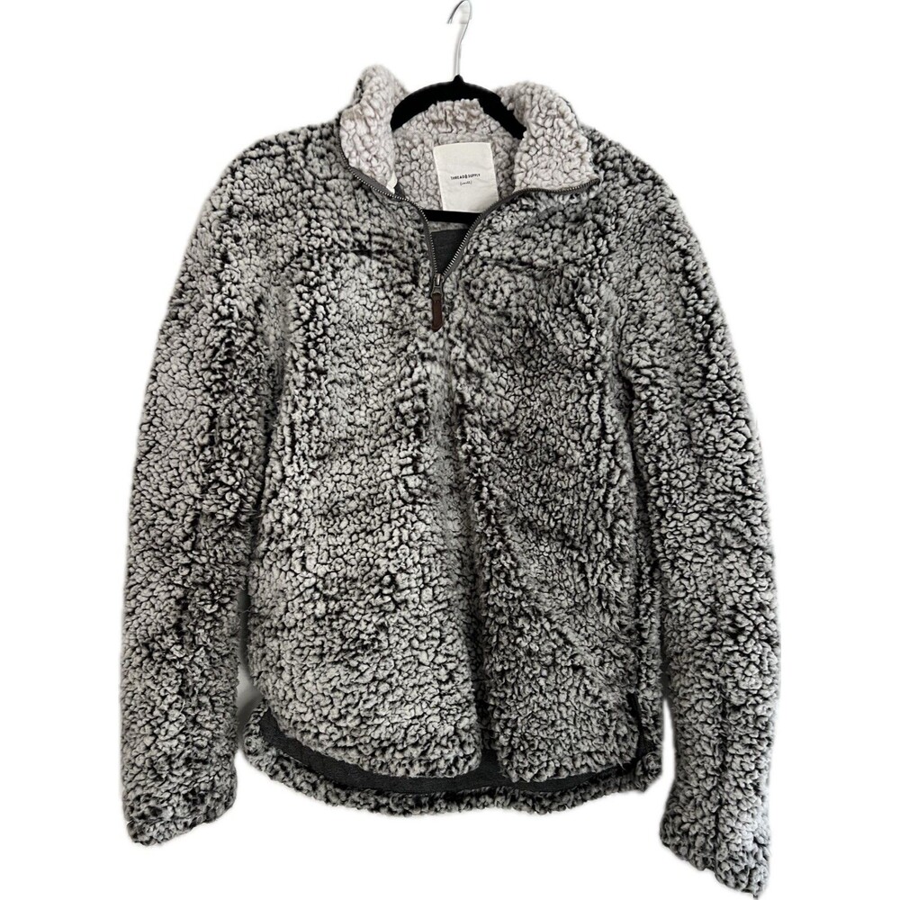 Thread and Supply Sherpa Pullover Sweatshirt Sweater 1/4 Zip Gray Black Size S